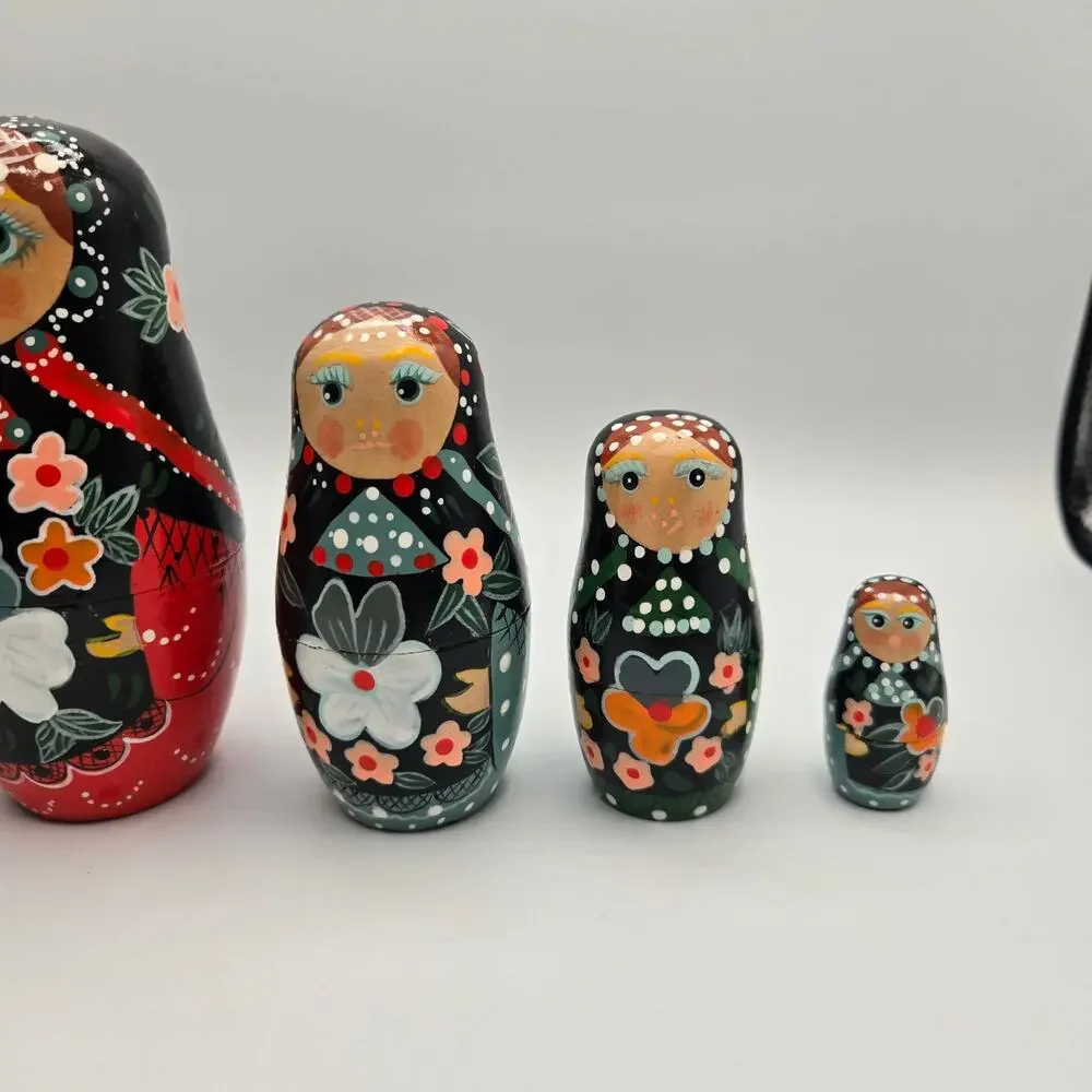 Vintage 5 Piece Russian Nesting Stacking Dolls Painted Floral Handmade
